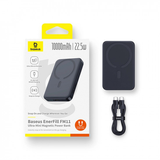 Baseus Magnetic Power Bank EnerFill FM11 (P1008210E123 00) USB C Cable, Ultra Mini, Type C 22.5W, 10000mAh Black