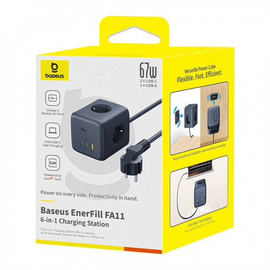 Baseus Extension Cord EnerFill FA11 (E00082100123 00) 3 x EU Socket, USB, Type C, 67W, 1.5m Black