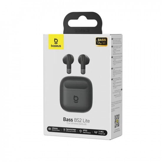 Baseus Wireless Earbuds Bass BS2 Lite (A0010A02) Bluetooth 6.0, SuperBass, 2 Mic ENC, 40 Hour Battery Life, IP55 Black
