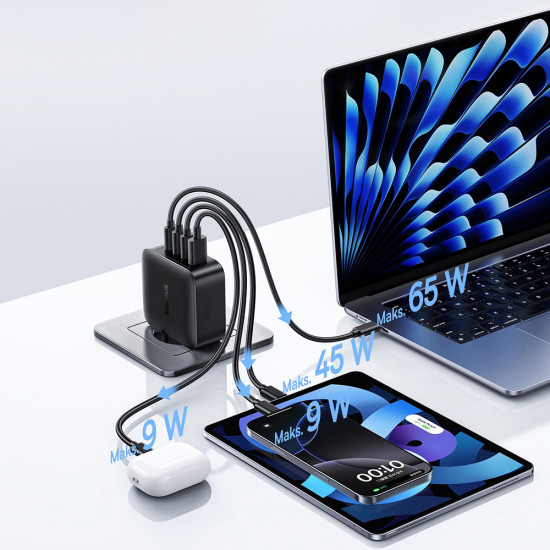 Baseus Wall Charger EnerFill FH11 (E0121J00) 3x USB C, 1x USB A, 140W, GaN Technology, Fast Charge Cosmic Black