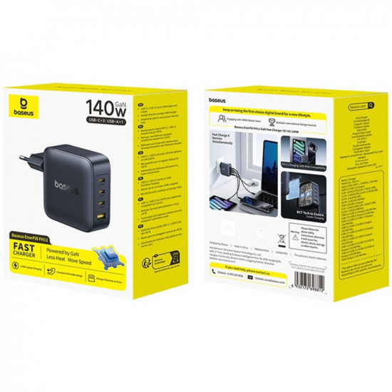 Baseus Wall Charger EnerFill FH11 (E0121J00) 3x USB C, 1x USB A, 140W, GaN Technology, Fast Charge Cosmic Black