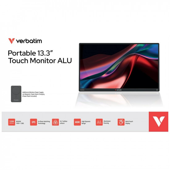Portable Touch Monitor Verbatim ALU 13.3" WUXGA with 5000mAh Power Bank black 32087 Portable Touch Monitor Verbatim ALU 13.3" WUXGA with 5000mAh Power Bank black 32087