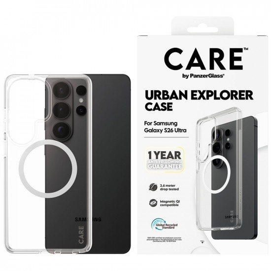 Case CARE by PanzerGlass Urban Explorer Transparent w. White Qi for Samsung Galaxy S26 Ultra Clear Case CARE by PanzerGlass Urban Explorer Transparent w. White Qi for Samsung Galaxy S26 Ultra Clear