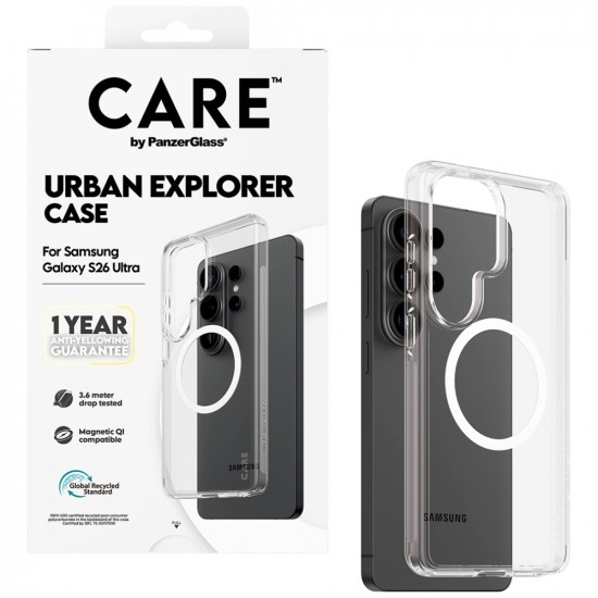 Case CARE by PanzerGlass Urban Explorer Transparent w. White Qi for Samsung Galaxy S26 Ultra Clear Case CARE by PanzerGlass Urban Explorer Transparent w. White Qi for Samsung Galaxy S26 Ultra Clear