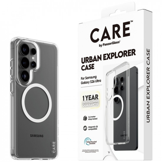 Case CARE by PanzerGlass Urban Explorer Transparent w. White Qi for Samsung Galaxy S26 Ultra Clear Case CARE by PanzerGlass Urban Explorer Transparent w. White Qi for Samsung Galaxy S26 Ultra Clear