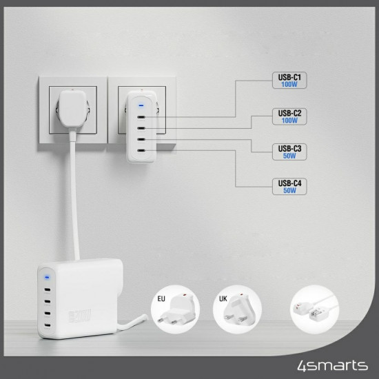 Wall charger 4smarts GaN Flex Pro Travel 200W 4 USB-C white