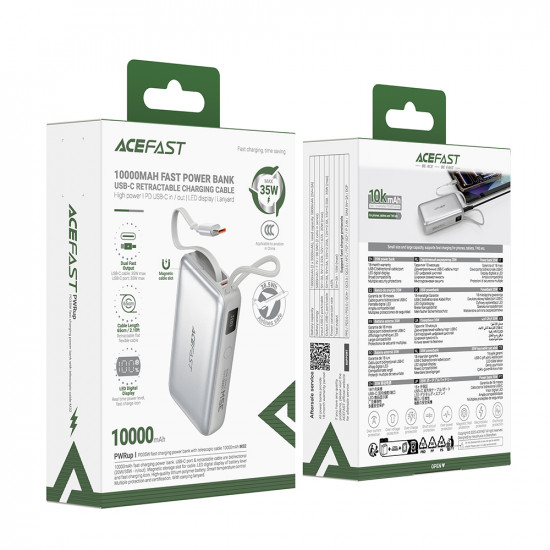 Acefast Power Bank (M32) with Telescopic Cable, Type C, Fast Charge, PD35W, 10000mAh Silver