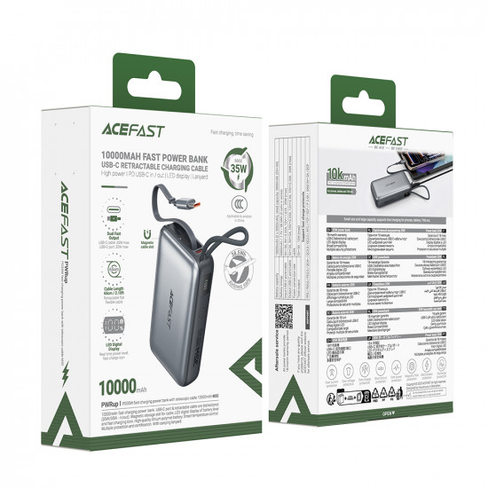 Acefast Power Bank (M32) with Telescopic Cable, Type C, Fast Charge, PD35W, 10000mAh Metal Gray Acefast Power Bank (M32) with Telescopic Cable, Type C, Fast Charge, PD35W, 10000mAh Metal Gray