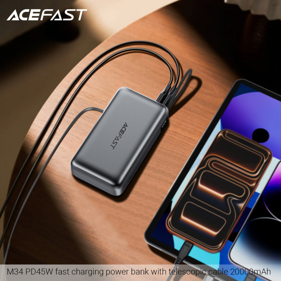 Acefast Power Bank (M34) with Telescopic Cable, Type C, Fast Charge, PD45W, 20000mAh Gray