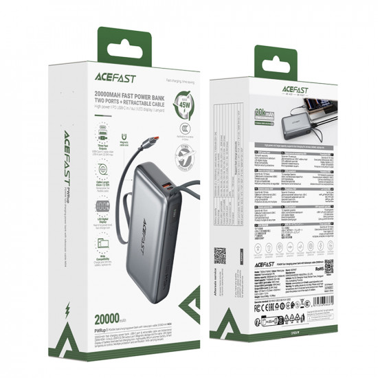 Acefast Power Bank (M34) with Telescopic Cable, Type C, Fast Charge, PD45W, 20000mAh Gray