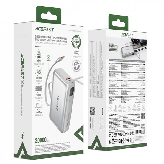Acefast Power Bank (M34) with Telescopic Cable, Type C, Fast Charge, PD45W, 20000mAh Silver