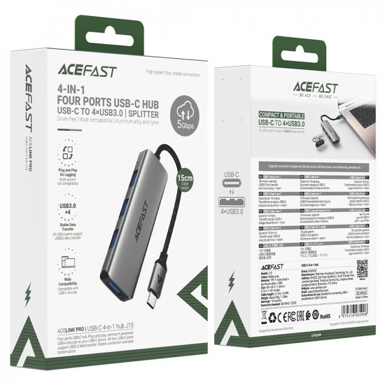 Acefast Hub 4 in 1 (J15) Type C to 4x USB3.0, 5Gbps, Plug&Play, Aluminum Alloy, Nylon Braided Cable Metal Gray Acefast Hub 4 in 1 (J15) Type C to 4x USB3.0, 5Gbps, Plug&Play, Aluminum Alloy, Nylon Braided Cable Metal Gray