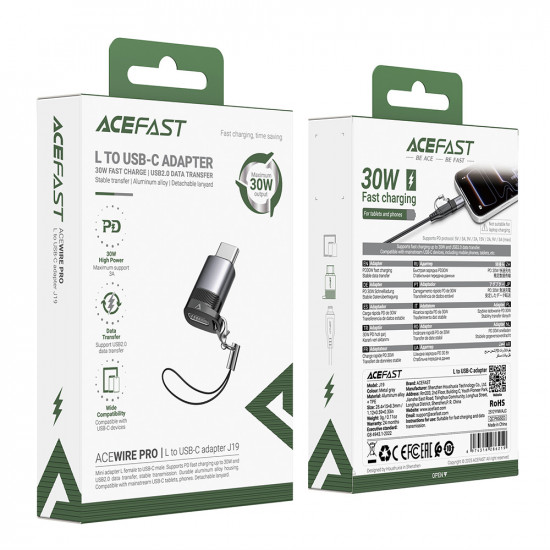 Acefast Adapter (J19) Lightning Female to USB C Male, 60W Charging, USB2.0 Data Transmission Gray Acefast Adapter (J19) Lightning Female to USB C Male, 60W Charging, USB2.0 Data Transmission Gray