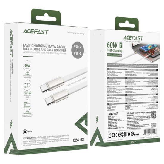 Acefast Data Cable (C24 03) Type C to Type C, Fast Charging, 60W, Ultra‑Thin Flat Design, Nylon Braided, 1.2m White