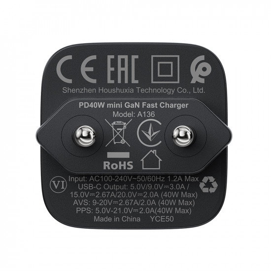Acefast Wall Charger (A136) Type C, Fast Charge, GaN, Mini Design, PD40W, EU Plug Black Acefast Wall Charger (A136) Type C, Fast Charge, GaN, Mini Design, PD40W, EU Plug Black