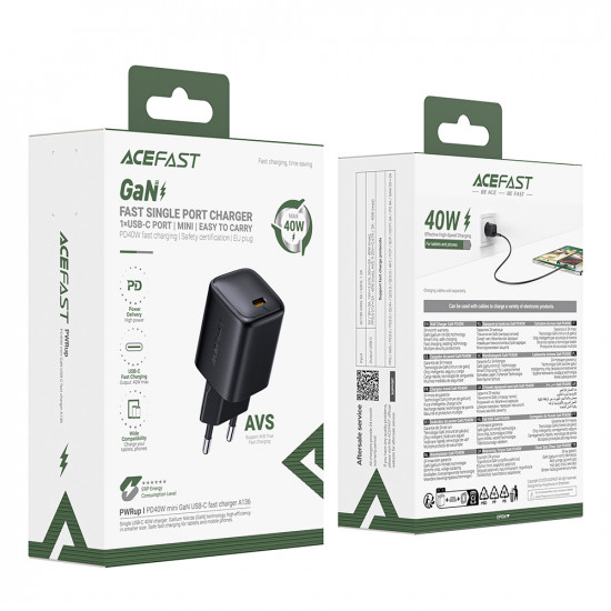 Acefast Wall Charger (A136) Type C, Fast Charge, GaN, Mini Design, PD40W, EU Plug Black Acefast Wall Charger (A136) Type C, Fast Charge, GaN, Mini Design, PD40W, EU Plug Black