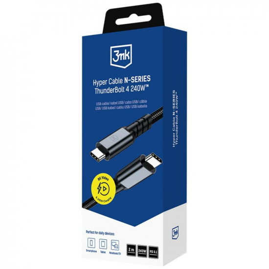 3MK Hyper Cable N-SERIES USB-C to USB-C Thunderbolt 4 Cable 2m 48V/5A 240W Black 3MK Hyper Cable N-SERIES USB-C to USB-C Thunderbolt 4 Cable 2m 48V/5A 240W Black