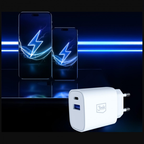 3MK FlowPower Wall Charger USB-A + USB-C 25W PD QC4+ White 3MK FlowPower Wall Charger USB-A + USB-C 25W PD QC4+ White