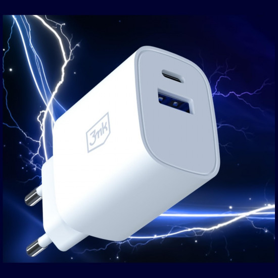 3MK FlowPower USB-A + USB-C 30W PD 3.0 QC4+ Wall Charger, White 3MK FlowPower USB-A + USB-C 30W PD 3.0 QC4+ Wall Charger, White