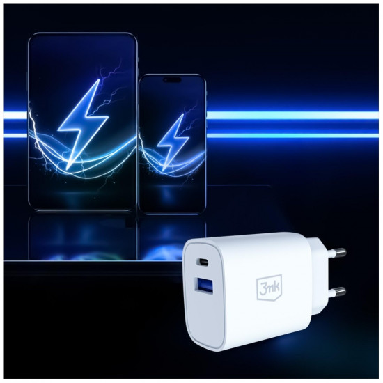 3MK FlowPower USB-A + USB-C 30W PD 3.0 QC4+ Wall Charger, White 3MK FlowPower USB-A + USB-C 30W PD 3.0 QC4+ Wall Charger, White