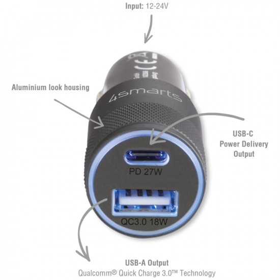 Car Charger 4smarts Charger Rapid+ 27W Quick Charge PD gray black