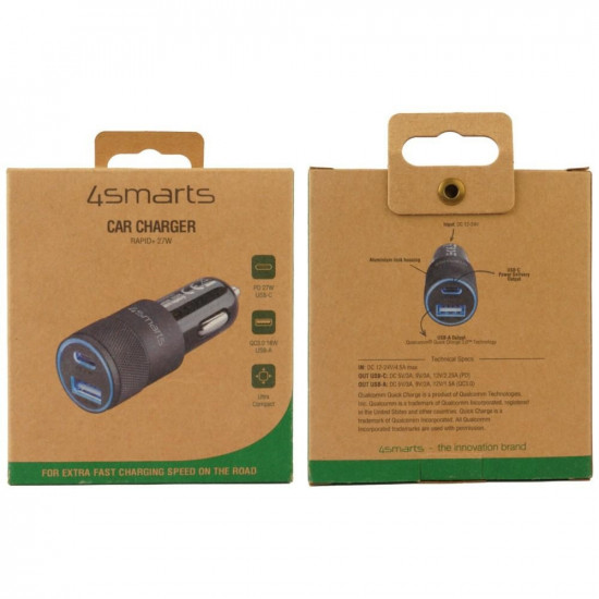 Car Charger 4smarts Charger Rapid+ 27W Quick Charge PD gray black
