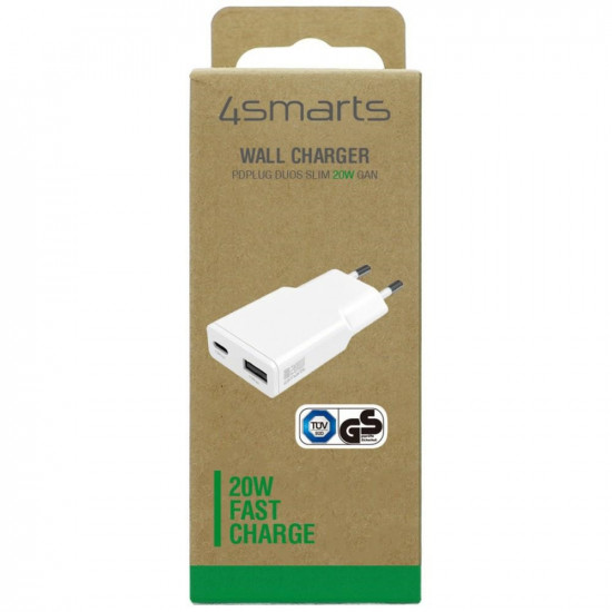 Wall Charger 4smarts PDPlug Duos Slim 20W GaN USB-C, USB-A white Wall Charger 4smarts PDPlug Duos Slim 20W GaN USB-C, USB-A white