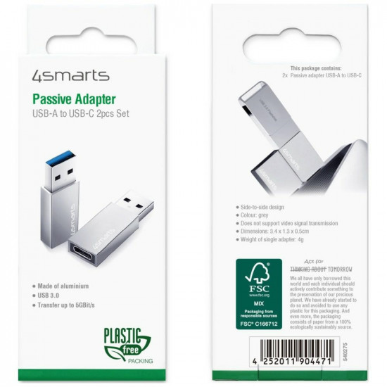 4smarts Passive USB-A 3.0 to USB-C 2 pcs adapter. silver 4smarts Passive USB-A 3.0 to USB-C 2 pcs adapter. silver