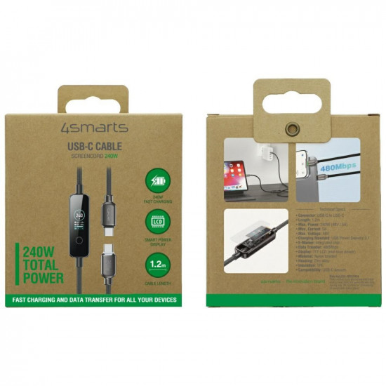 4smarts ScreenCord USB-C cable 240W 1.2 m, black 4smarts ScreenCord USB-C cable 240W 1.2 m, black