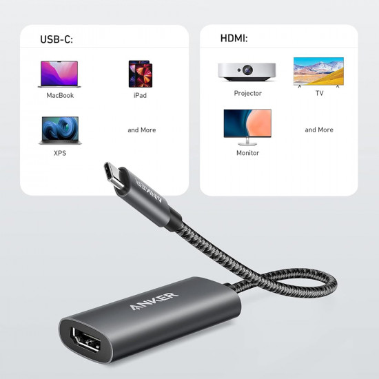 Anker Video Adapter (A83120A2) Type C to HDMI, Ultra HD, 4K@60Hz, Video & Audio Digital Sync, Plug & Play Gray