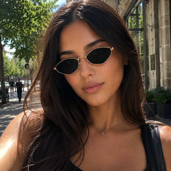 Techsuit Premium Sunglasses (6206) for Women, Narrow Hexagonal Frame, Retro Charm Gold / Black