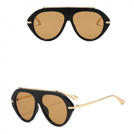 Techsuit Premium Sunglasses (8092) for Women, Retro Chic Design, Oversized Aviator, Flat Top, Metal Arms Black / Brown