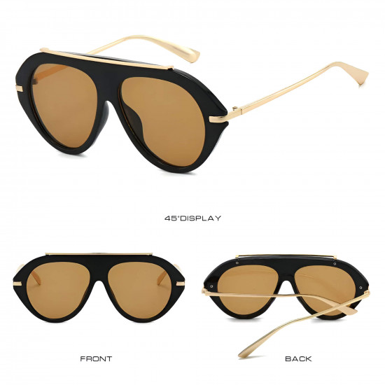 Techsuit Premium Sunglasses (8092) for Women, Retro Chic Design, Oversized Aviator, Flat Top, Metal Arms Black / Brown