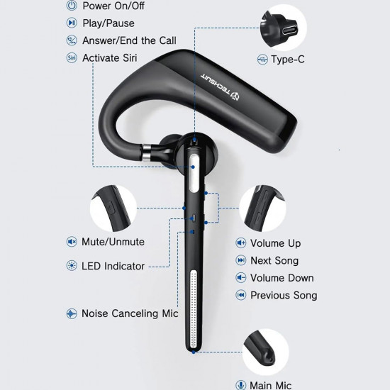 Techsuit Premium Bluetooth Headset PowerTalks (G6) Dual Mic Noise Cancelling, Bluetooth V5.1, 100H Talk Time Black