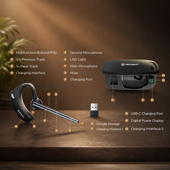 Techsuit Premium Bluetooth Headset SoundForce Pro (G10) BT5.1, Dual Mic ENC, 25H Talk Time Black