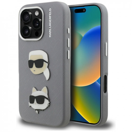 Case Karl Lagerfeld FW Grained Karl & Choupette Heads Pins for iPhone 16 Pro gray Case Karl Lagerfeld FW Grained Karl & Choupette Heads Pins for iPhone 16 Pro gray