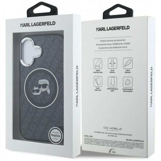 Case Karl Lagerfeld IML Glitter Karl &amp; Choupette Heads Logo MagSafe for iPhone 16 black