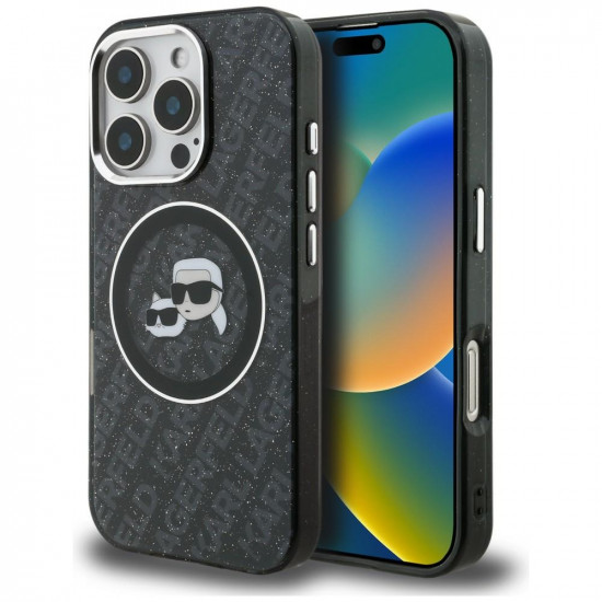 Case Karl Lagerfeld IML Glitter Karl &amp; Choupette Heads Logo MagSafe for iPhone 16 Pro black