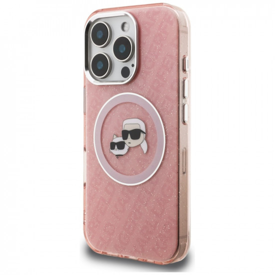 Case Karl Lagerfeld IML Glitter Karl &amp; Choupette Heads Logo MagSafe for iPhone 16 Pro Max pink
