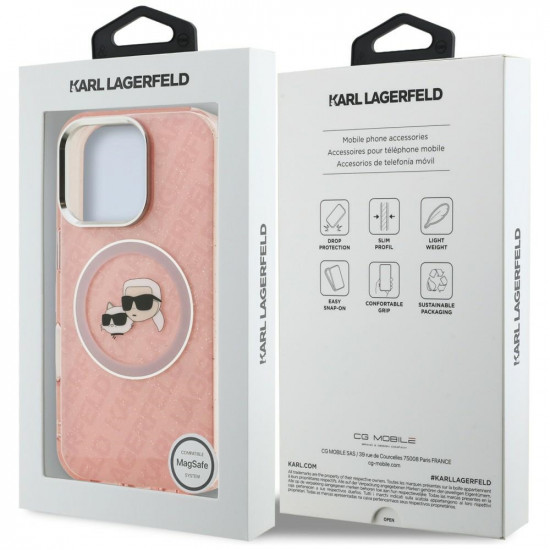 Case Karl Lagerfeld IML Glitter Karl &amp; Choupette Heads Logo MagSafe for iPhone 16 Pro Max pink