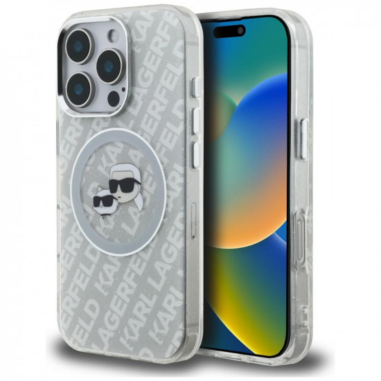 Case Karl Lagerfeld IML Glitter Karl &amp; Choupette Heads Logo MagSafe for iPhone 16 Pro Max gray
