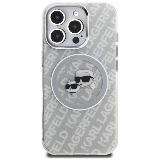 Case Karl Lagerfeld IML Glitter Karl &amp; Choupette Heads Logo MagSafe for iPhone 16 Pro Max gray