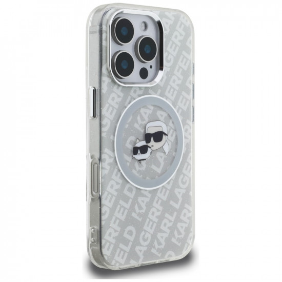 Case Karl Lagerfeld IML Glitter Karl &amp; Choupette Heads Logo MagSafe for iPhone 16 Pro Max gray