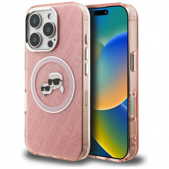 Case Karl Lagerfeld IML Glitter Karl &amp; Choupette Heads Logo MagSafe for iPhone 16 Pro pink
