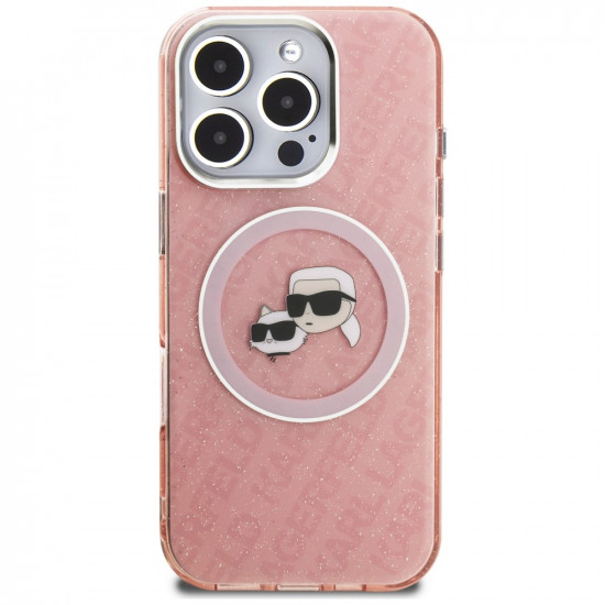 Case Karl Lagerfeld IML Glitter Karl &amp; Choupette Heads Logo MagSafe for iPhone 16 Pro pink