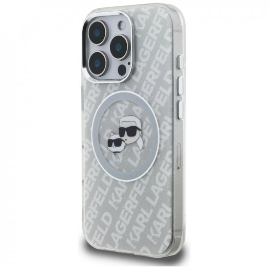 Case Karl Lagerfeld IML Glitter Karl &amp; Choupette Heads Logo MagSafe for iPhone 16 Pro gray
