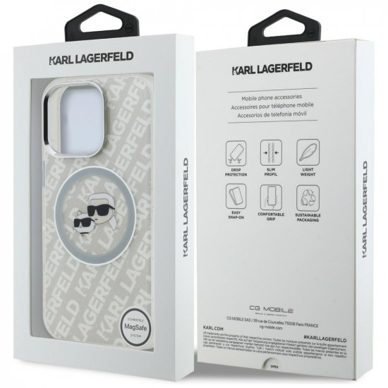 Case Karl Lagerfeld IML Glitter Karl &amp; Choupette Heads Logo MagSafe for iPhone 16 Pro gray