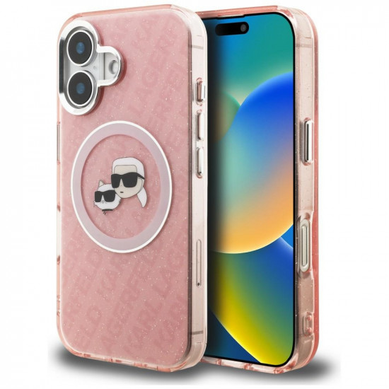 Case Karl Lagerfeld IML Glitter Karl &amp; Choupette Heads Logo MagSafe for iPhone 16 pink
