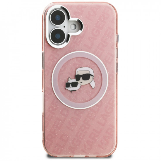 Case Karl Lagerfeld IML Glitter Karl &amp; Choupette Heads Logo MagSafe for iPhone 16 pink