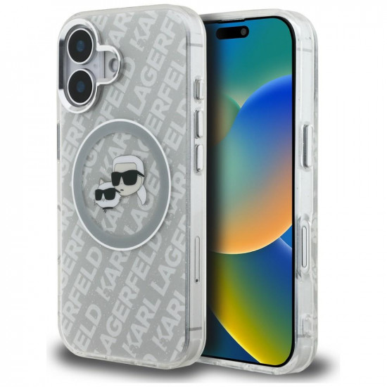 Case Karl Lagerfeld IML Glitter Karl &amp; Choupette Heads Logo MagSafe for iPhone 16 gray